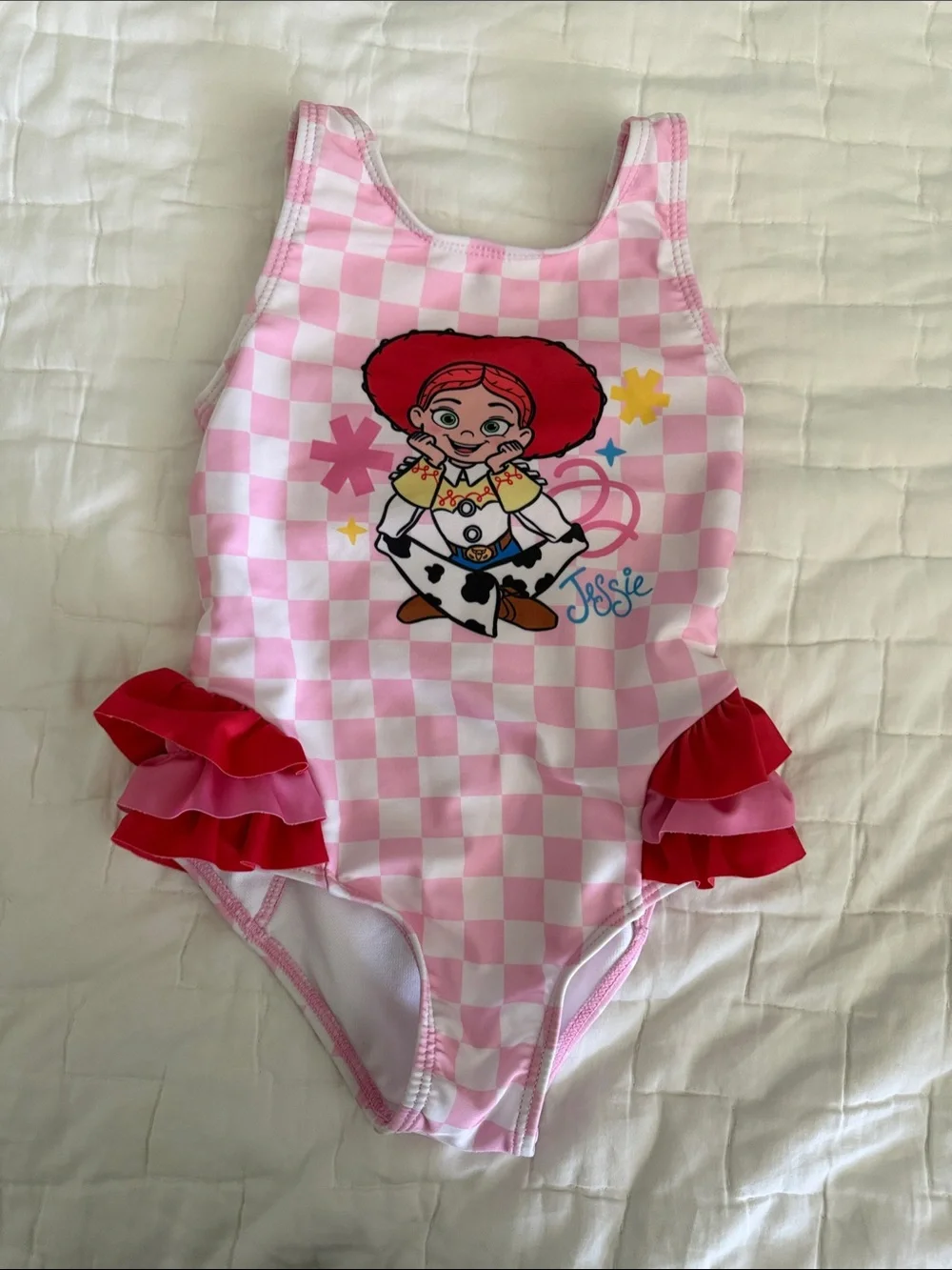 Disney Pink Check Jessie One-Piece Swimsuit with Red Ruffle Accents 4T